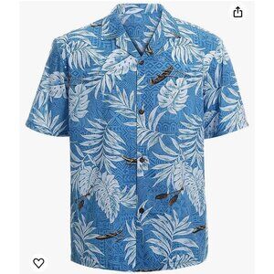 Men's Blue Tropical Print Short-Sleeve Button-Down Shirt
